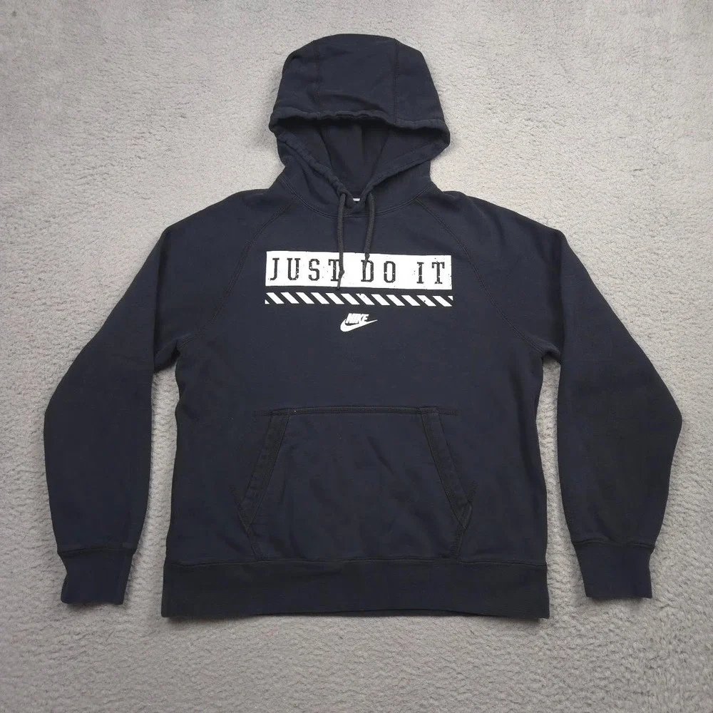 Nike Just Do It Hoodie Adult L Black White Graphic Pullover Fleece Sweatshirt